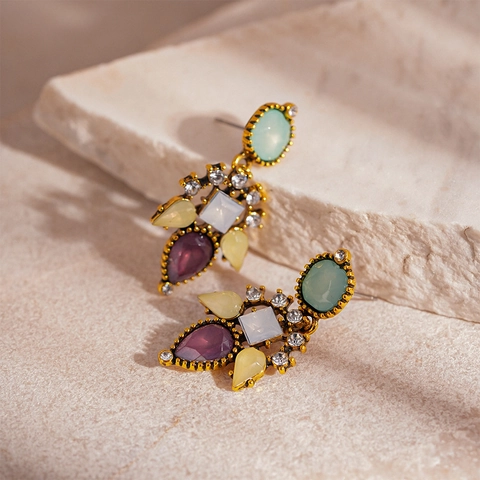 Vintage Geometric Drop Earrings With Colorful Resin Rhinestones And Silver Earring Post For Women
