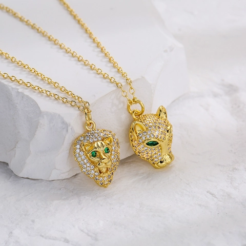 Collana Pendente Testa Di Leone Leopardo Rame Placcato Oro Zirconia Occhi Verdi Gioielli Stile Hip Hop INS