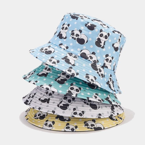 Reversible Bucket Hat Polyester Cotton Cute Cartoon Panda Polka Dot Print Sunshade Fisherman Cap For Women Men