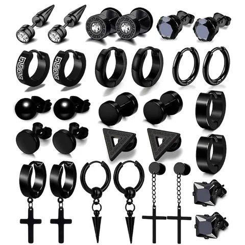 Stainless Steel Earrings For Men Women Unisex Black Silver Gold Stud Hoop Cross Pendant Rhinestone Punk Gothic Fashion Jewelry