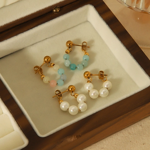 Elegant Beaded Stud Earrings With Stainless Steel Post Imitation Artificial Pearl Colorful Beads For Women Retro Aesthetic Jewelry