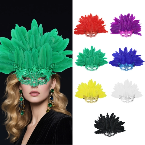 Máscara Mascarada Halloween Venecia Forma Zorro Plástico Hueco Galvanizado Pluma Natural Desmontable Para Carnaval Party