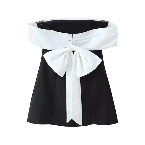Damen Trägerloses Minikleid Elegant Polyester Satin Schwarz Weiß Farbblock Übergroße Schleife Rückενfrei Cocktailmode