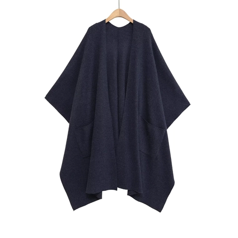 Mantella Poncho in Maglia da Donna Media Lunghezza Tinta Unita Cardigan Aperto Cappotto Con Tasche Capispalla Autunno Inverno per Donna