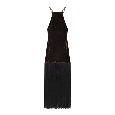 Halter Neck Velvet Midi Dress With Long Tassel Fringe Backless Elegant Evening Party Slim Fit Solid Color For Women