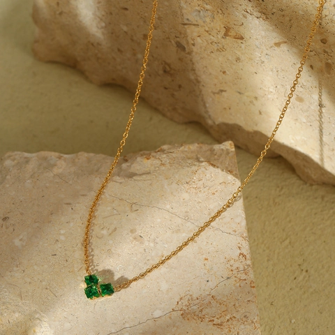 Dainty Pendant Necklace Stainless Steel 18K Gold Plated Green Cubic Zirconia Square Cut Jewelry For Women