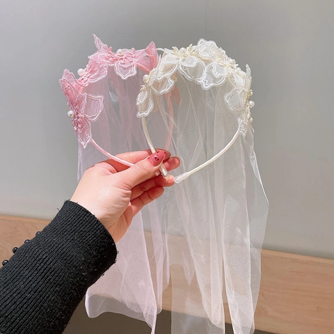 Serre-tête Princesse Avec Voile En Tulle Nœud En Dentelle Couronne Et Gland De Künstliche Perle Artificielle Accessoire Cheveux Filles