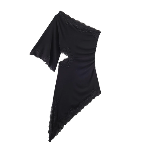 Vestito Midi Sexy Monospalla Da Donna Bordo In Pizzo Ritagliato Arricciato Orlo Asimmetrico Vestibilità Aderente Festa