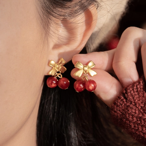 Schleife Kirsche Ohrstecker Mit Silbernem Ohrstecker Harz Rote Perlen Retro Elegant Süß Mode Schmuck Für Damen