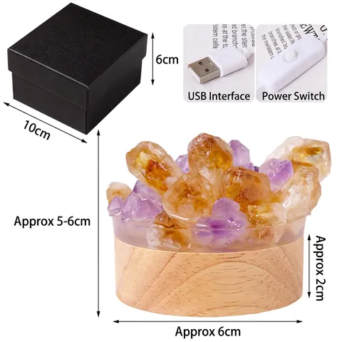 Natural Crystal Night Light Atmosphere Lamp Raw Amethyst Citrine Stone Wood Base USB Powered Desktop Decor Handmade Gift