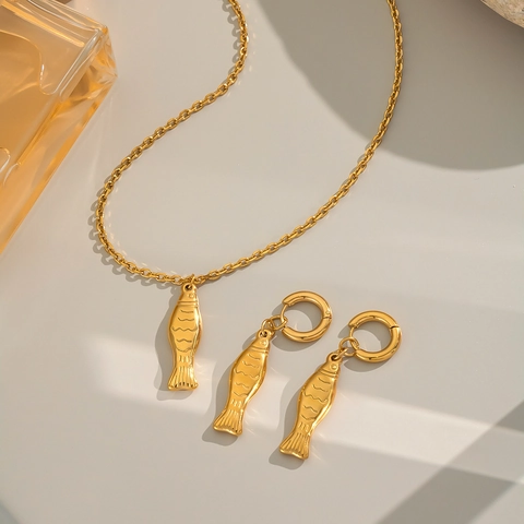 Lucky Fish Pendant Necklace And Hoop Earrings 18K Gold Plated Stainless Steel Minimalist Waterproof Jewelry For Women