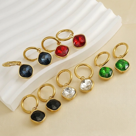 Geometric Square Zircon Drop Hoop Earrings 18K Gold Plated Stainless Steel Fashion Small Design Jewelry For Women