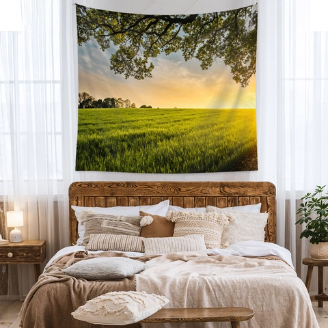 Arazzo Da Parete Paesaggio Naturale Tramonto Campo Verde Albero Tessuto Poliestere Decorazione Stanza Stile Boho
