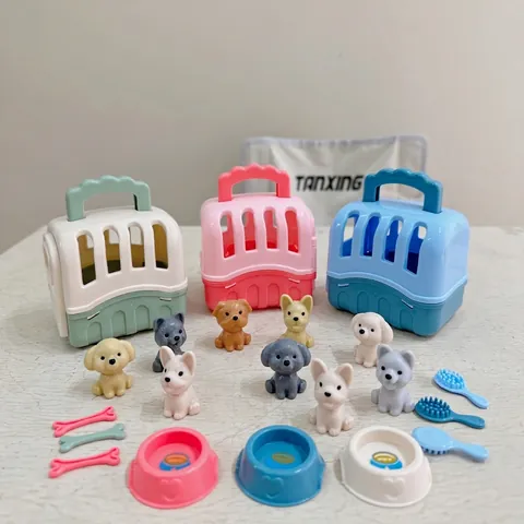 Plastic Pet Care Role Play Toy Portable Puppy Cage With Miniature Dog Figures Grooming And Feeding Accessories For Kids