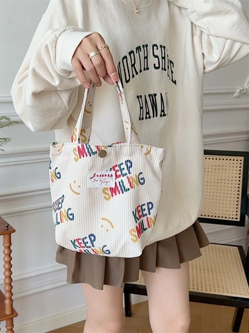 Sac À Main En Velours Côtelé Pour Femme Petit Sac Fourre-Tout Décontracté Imprimé Sourire Et Lettre Rangement Déjeuner Portable
