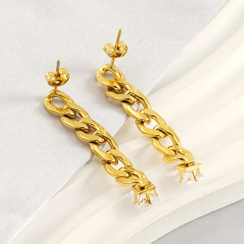 Stainless Steel 18K Gold Plated Chain Drop Earrings With Square Transparent Zircon Fashion Trendy Dangle For Women