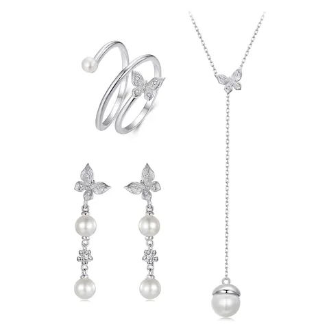 S925 Sterling Silver Butterfly Pearl Jewelry Set For Women Zirconia Butterfly Pendant Necklace Drop Earrings Adjustable Ring