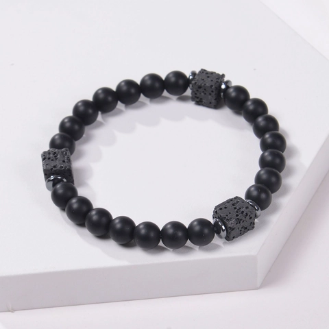 Beaded Bracelet Matte Black Stone And Volcanic Lava Stone With Metal Spacers Elastic Minimalist Style For Men Women