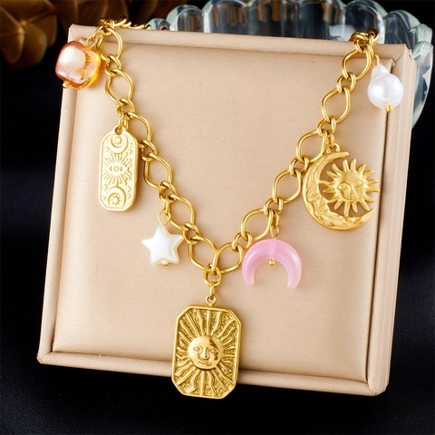 Collana In Acciaio Inossidabile Placcato Oro Con Ciondoli Sole Luna Stella Placca Quadrata Boho Perla Artificial Catenina Clavicola