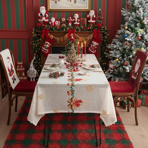 Christmas Tablecloth Lace Polyester Embroidered Rectangular Bell Snowflake Hollow Out Festive Table Cover Party Decor