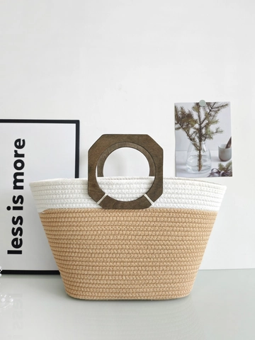 Gewebte Tragetasche Baumwollseil Farblock Mit Holzgriff Retro Sommer Handtasche Für Damen