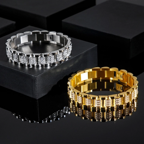 Pulsera Hip Hop Para Hombre De Acero Inoxidable Cadena Estilo Reloj Con Circonita Cúbica Iced Out Chapado En Oro Y Plata