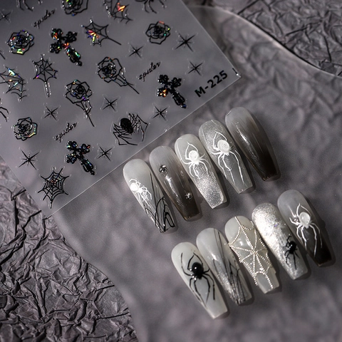 Gothic Spider Web Rose Nail Art Stickers 5D Relief Laser Holographic Self Adhesive Decals Halloween Manicure Decoration
