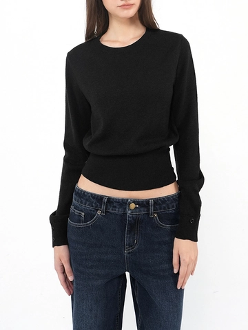 Women Wool Blend Knit Sweater Round Neck Long Sleeve Button Detail Ribbed Waist Slimming Elegant Casual Chic