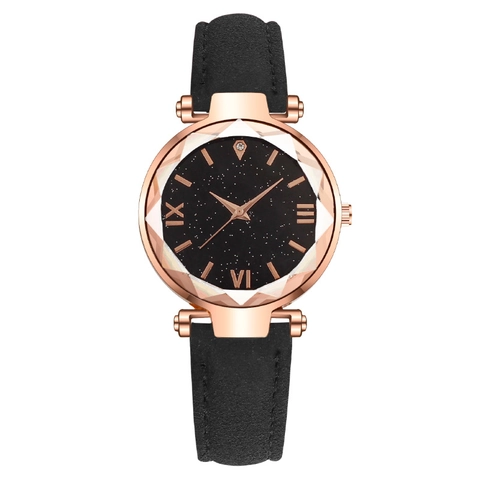 Montre À Quartz Pour Femmes Cadran Ciel Étoilé Boîtier En Alliage Or Rose Verre Géométrique Bracelet En Cuir Mode Chiffres Romains