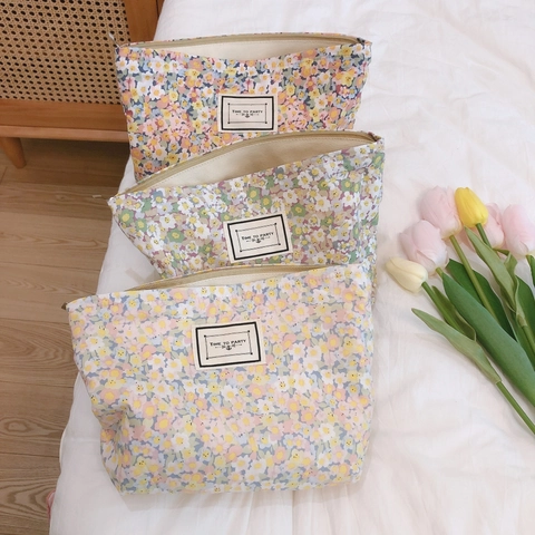 Trousse À Maquillage Fleurie En Coton Doublure Toile Fermeture Éclair Pochette Cosmétique De Voyage Pour Femmes