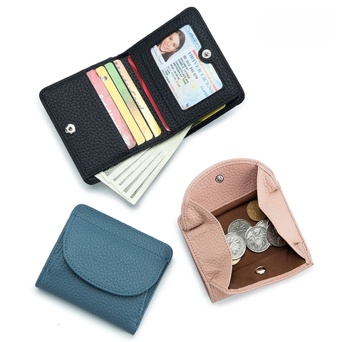 Portafoglio Piccolo Donna Vera Pelle Mucca Blocco RFID Sottile Mini Bifold Porta Carte Portamonete Motivo Litchi