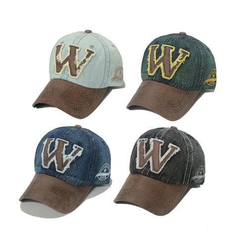 Washed Denim Baseball Cap Retro W Letter Embroidery Faux Leather Brim Distressed Casual Sun Hat Streetwear