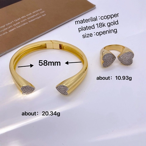 Mode Cuivre Cœur Bague Ouverte Et Jonc Avec Incrustation de Strass Double Cœur Réglable Bijoux pour Femme Cadeau
