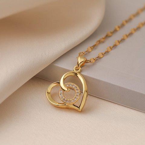 Heart Pendant Necklace Copper 18K Gold Plated Zircon Striped Enamel Elegant Jewelry For Women