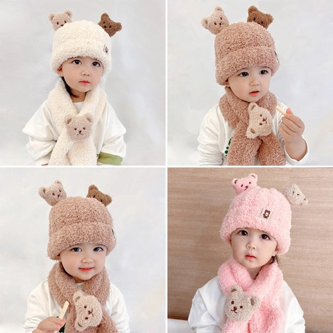 Baby Kinder Winter Mütze Und Schal Warm Plüsch Bärenohren Gestrickte Beanie Nackenwärmer Verdickt