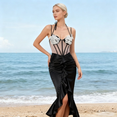 Robe Midi Corset En Satin Et Dentelle Pour Femmes Applique Florale Ourlet À Volants Fente Haute Soirée Sexy