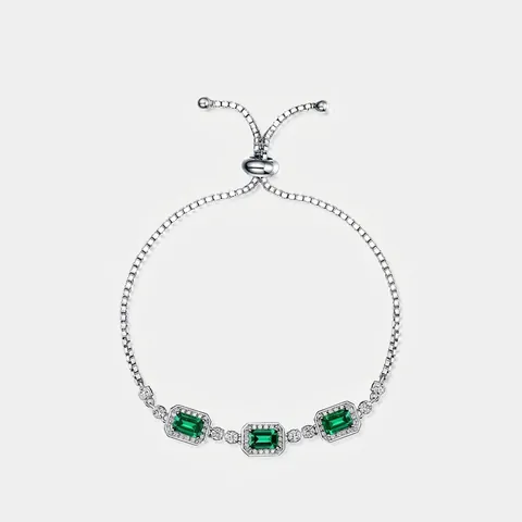 S925 Sterling Silver Lab-Created Emerald Bracelet For Women Vintage Geometric Adjustable Box Chain Rhinestone Jewelry