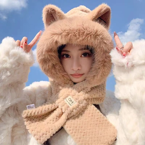 Cute Animal Ears Faux Fur Hooded Scarf Hat Integrated Thick Warm Winter Plush Wrap For Women