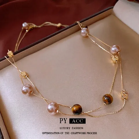 Collana Lunga A Catena Per Maglione Lega Di Rame Con Perla Artificial Imitazione Rosa E Occhio Di Tigre Artificiale Doppio Strato Retro Lusso Per Donna