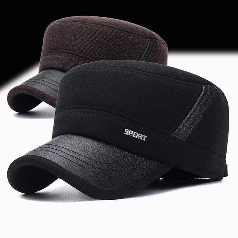 Men Winter Cadet Cap Polyester Woolen Flat Top Hat With PU Leather Brim Ear Protection Sport Outdoor Warm Windproof