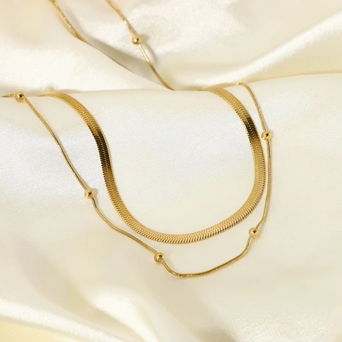 Double Layered Necklace Gold Plated Stainless Steel Herringbone Snake Chain And Beaded Clavicle Jewelry For Women
