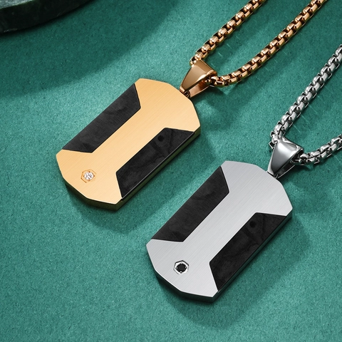 Titanium Stahl Halskette Anhänger Herren Rechteckig Geometrisch Kohlefaser Einlage Zirkon Akzent Mode Schmuck Accessoire