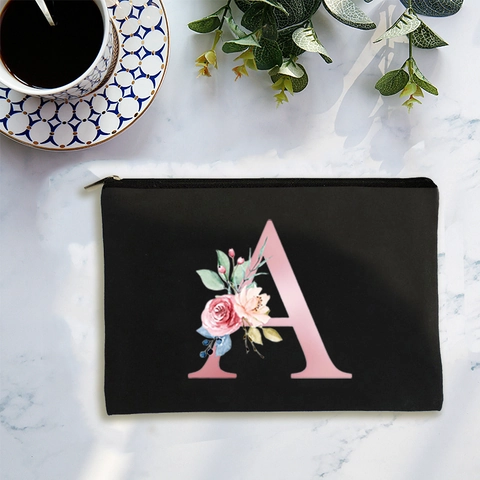 Bolsa De Cosméticos De Lona Estampado Letras Alfabeto Floral Neceser De Maquillaje Organizador De Viaje Bolsa De Almacenamiento