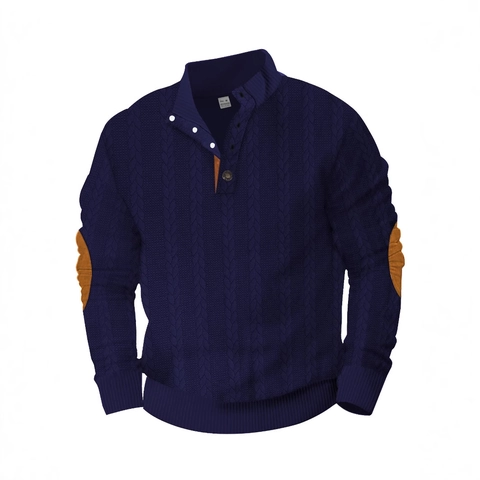 Felpa In Maglia Da Uomo Collo Alto Bottone Maniche Lunghe Jacquard Treccia Pullover Casual Con Toppe Sui Gomiti