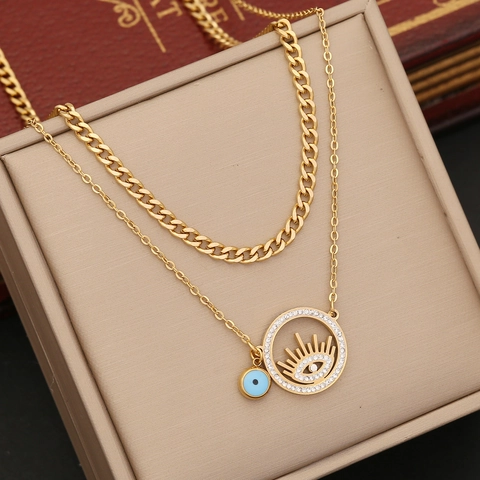 Evil Eye Anhänger Halskette Edelstahl Mehrlagig Strass Emaille Schlüsselbein Kette Für Damen Modeschmuck