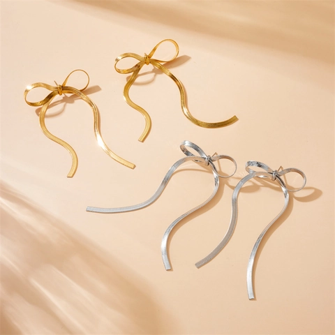 Bowknot Quaste Hängeohrringe Edelstahl Vergoldet Schlangenkette Lange Drop Elegante Schmuck Für Frauen