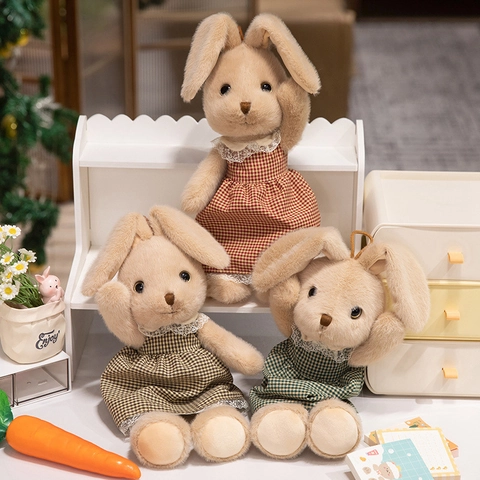 Plüsch Hase Puppe Lange Ohren Stofftier Mit Kariertem Spitzenkleid Weicher Kunstpelz Komfort Begleiter Spielzeug Für Kinder Heimdekor