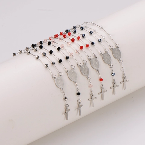 Stainless Steel Beaded Rosary Bracelet With Crucifix Cross And Virgin Mary Medal Religious Spiritual Jewelry For Unisex