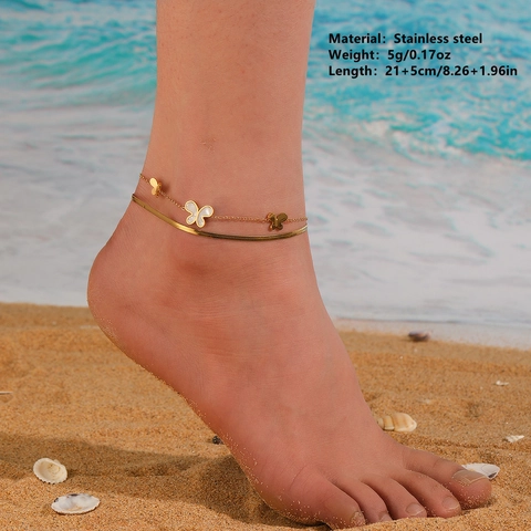 Tobillera De Capas De Acero Inoxidable Con Colgantes De Mariposa Y Nácar Joyería De Playa De Verano Para Mujer