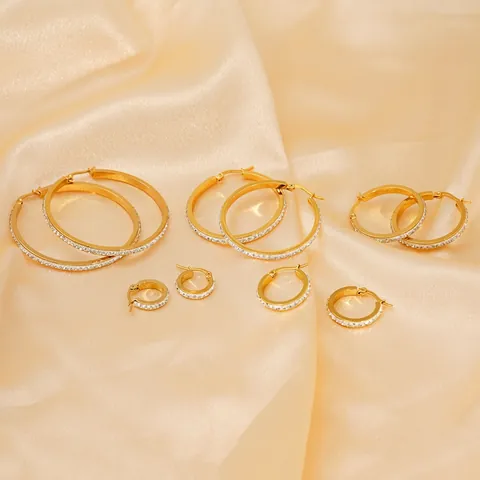 Elegant Round Hoop Earrings Stainless Steel With Gold Plating Sparkling Rhinestone Fashion Jewelry For Women Trendy